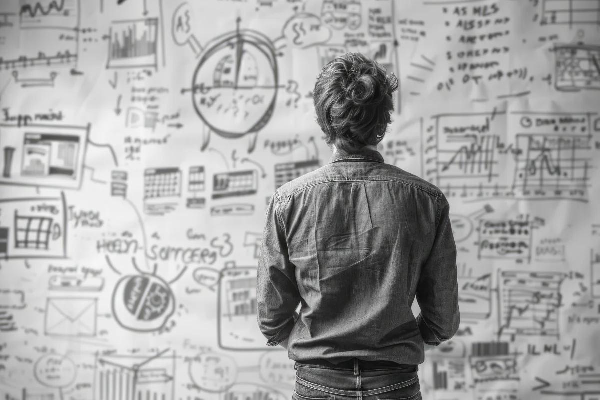 Homme devant un tableau blanc avec une carte mentale, symbolisant le développement de la stratégie, agence SEO Luxembourg