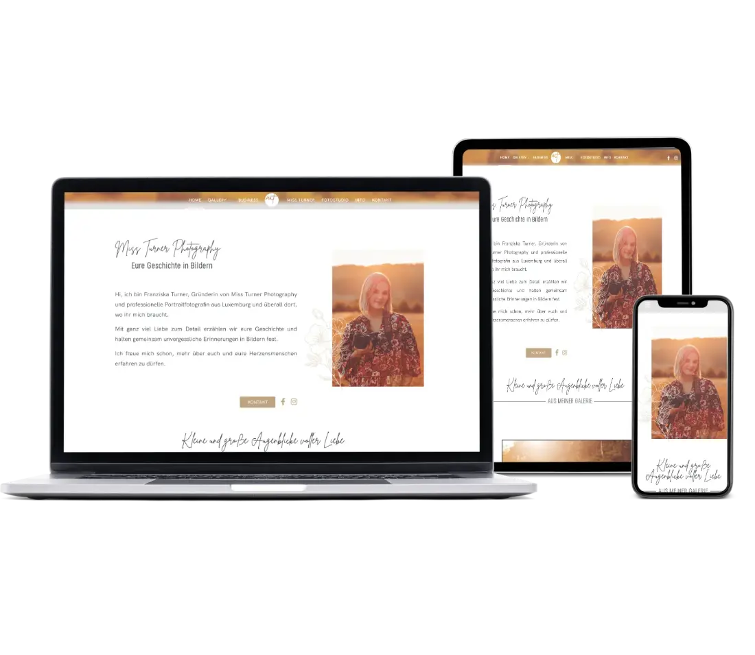La page d'accueil de Miss Turner Business Photography est affichée sur un écran, une tablette et un smartphone.