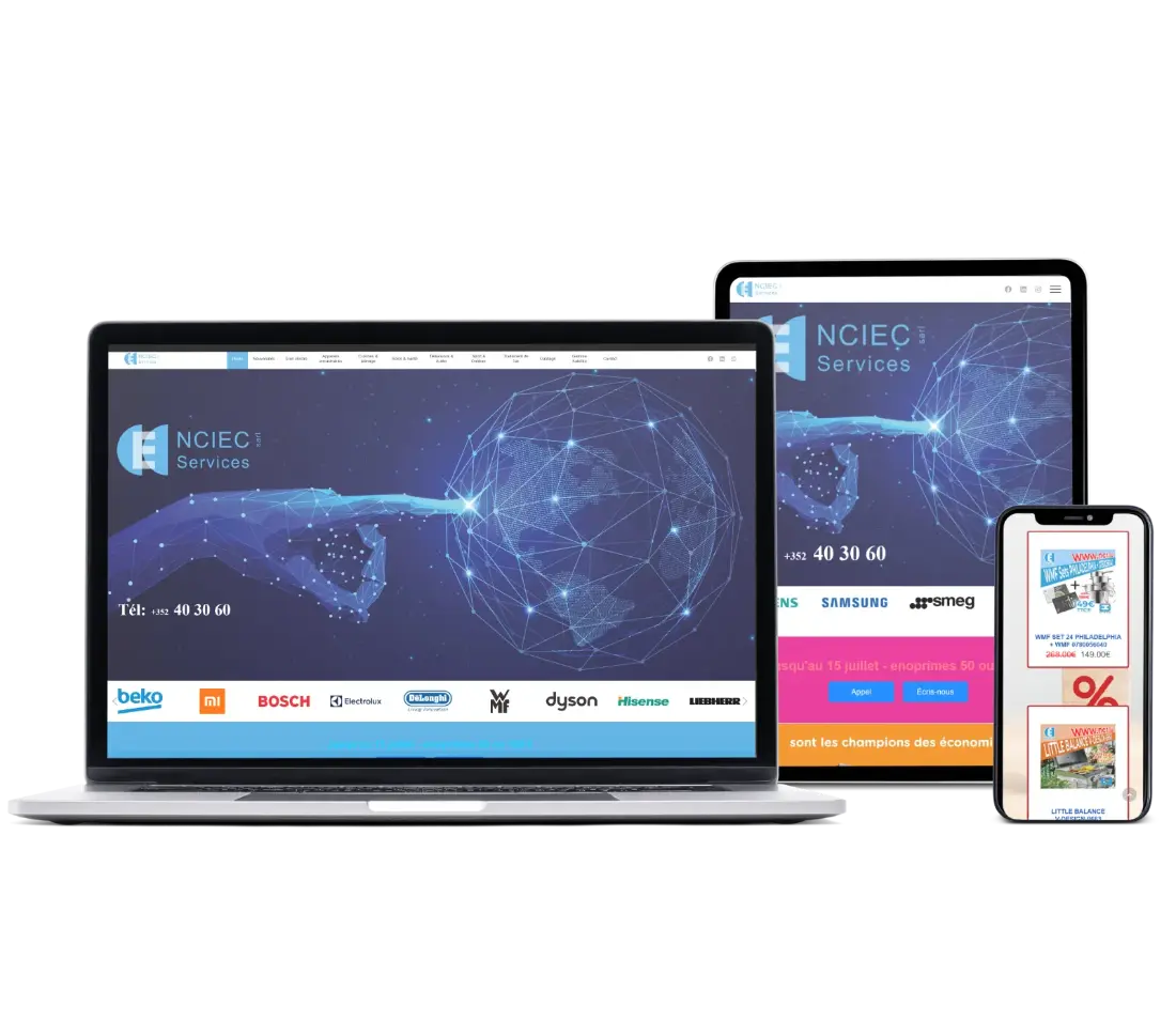 La page d'accueil de NCIEC-Sales est affichée sur un écran, une tablette et un smartphone.